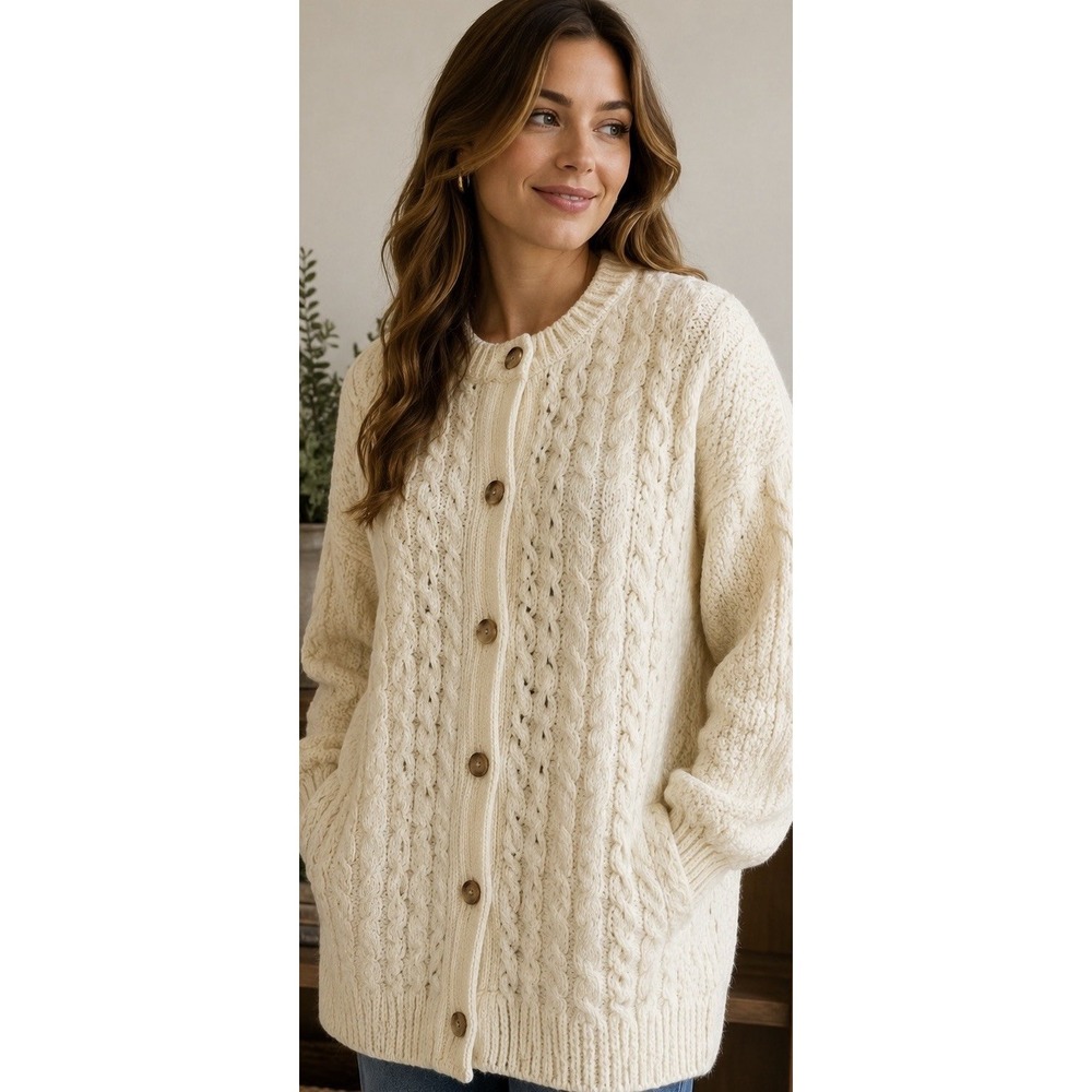 Vintage Aran Thistle Sweater Cardigan Cream Wool Fisherman Made In Ireland